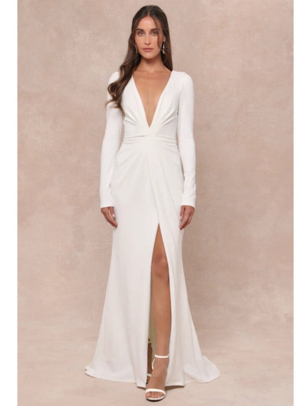 Lulus White Long Sleeve Mermaid Wedding Dress with Deep V-Neck Size XL
